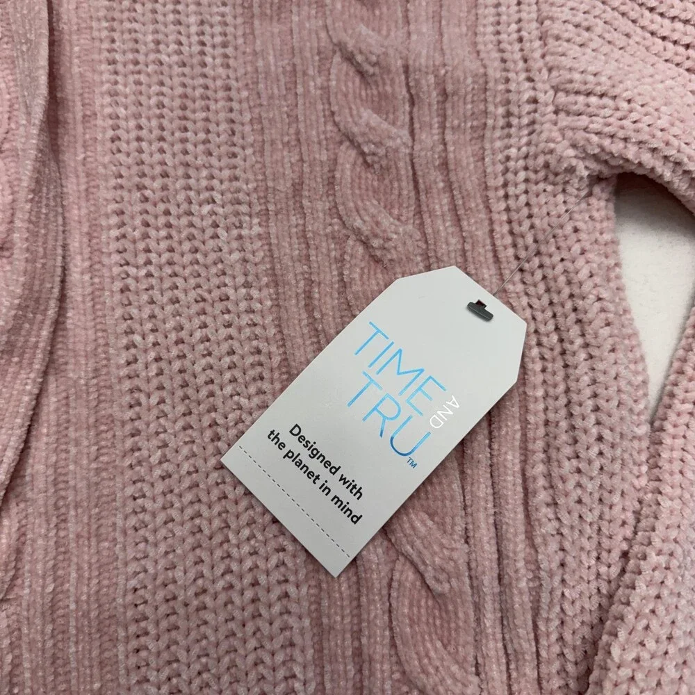 Time And Tru Sweater Hoodie Womens S Pink V Neck Cable Knit Winter Pullover